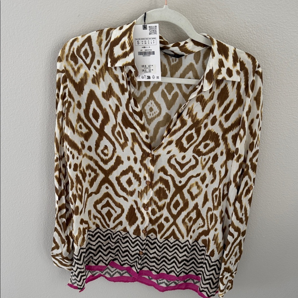 Hale Bob Brown and White Patterned Blouse with Pink Accent